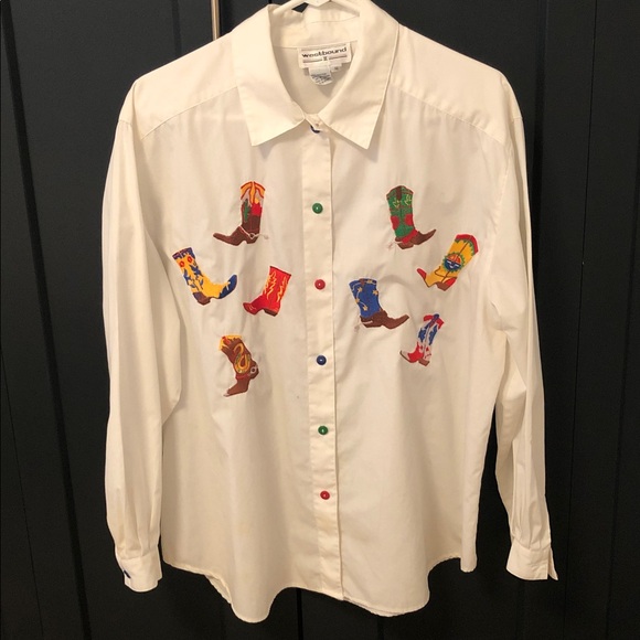 Westbound Tops - Westbound II Women’s Embroidered Cowboy Boot White Shirt Size 16